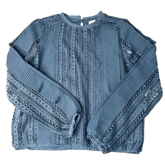 Calligraphie Teal Laced Ruffles Long Sleeve Blouse Top Size Medium - Picture 2 of 11